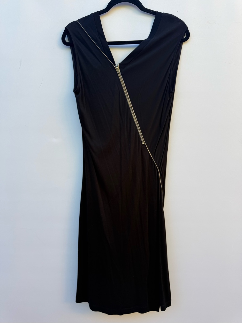 Stella McCartney Black Sleeveless Diagonal Zip Midi Sheath Dress Sz 48